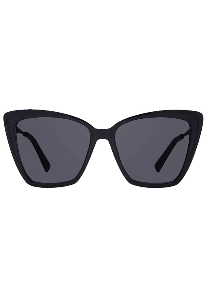 DIFF Eyewear Becky II Polarized Sunglasses in black dark smoke with medium cat-eye frame on festival sunglasses — front view