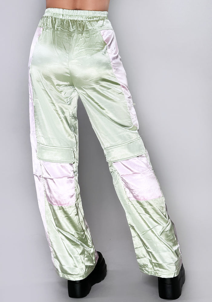 Hot & Delicious Bella Blush Colorblock Satin Cargo Pants in sage blush — model back view