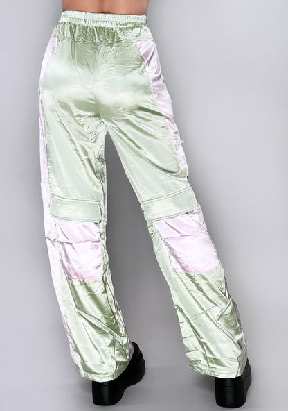 Hot & Delicious Bella Blush Colorblock Satin Cargo Pants in sage blush — model back view