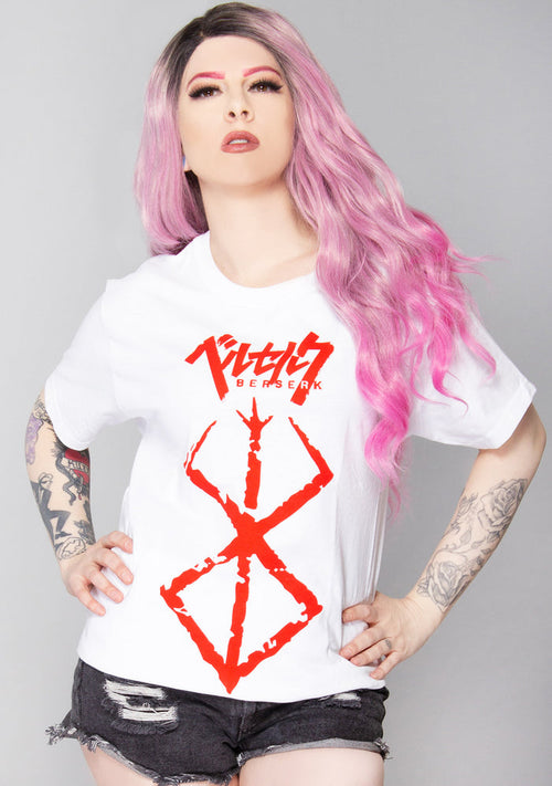 Bioworld Berserk Brand of Sacrifice T-Shirt in white with Brand of Sacrifice and Berserk logo front graphic on rave anime tee — front model view