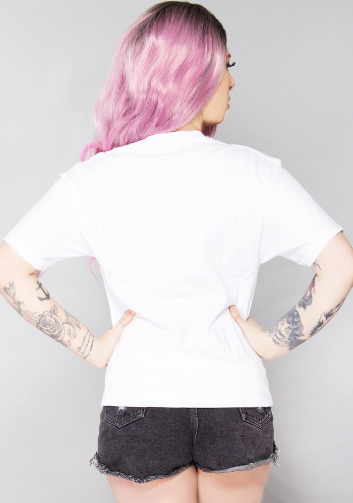 Bioworld Berserk Brand of Sacrifice T-Shirt in white with Brand of Sacrifice and Berserk logo front graphic on rave anime tee — back view