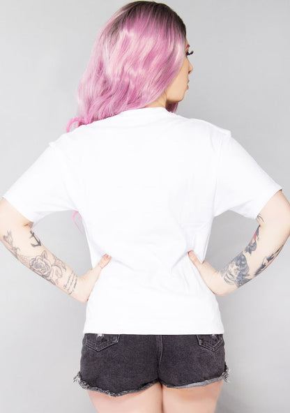Bioworld Berserk Brand of Sacrifice T-Shirt in white with Brand of Sacrifice and Berserk logo front graphic on rave anime tee — back view