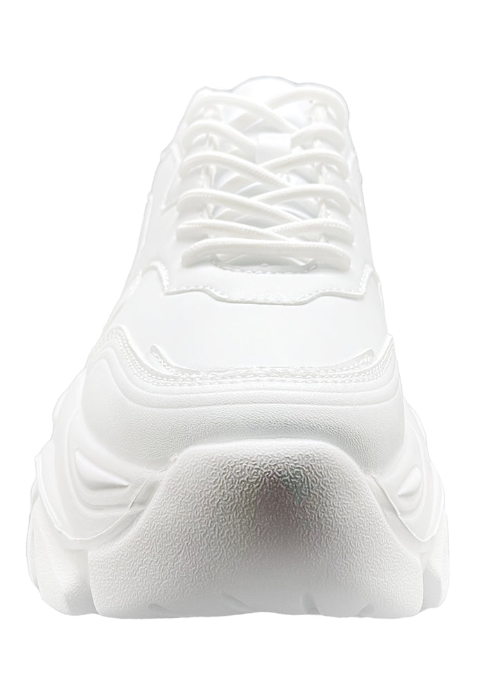 Front view of the Berness BLAIR white platform sneakers, emphasizing the clean tongue design, matching white laces, and sleek panels.