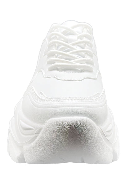 Front view of the Berness BLAIR white platform sneakers, emphasizing the clean tongue design, matching white laces, and sleek panels.