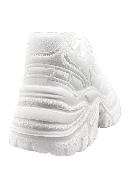 Rear view of the white BLAIR platform sneakers, highlighting the high-profile rubber platform heel and minimalist stitched seams.