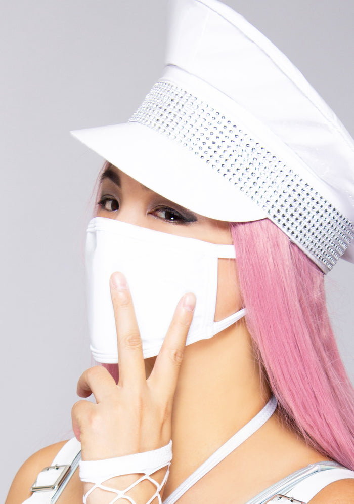 BGlittz Blanco Vinyl Dust Mask in white with solid white patent leather base on breathable nylon rave festival face mask — model view