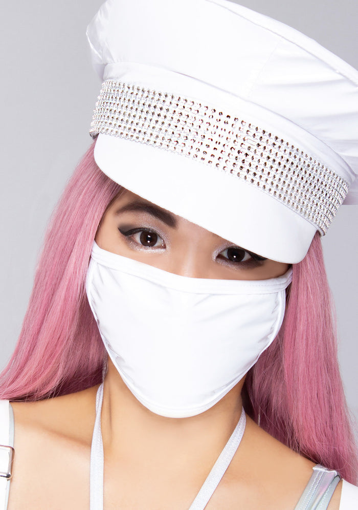 BGlittz Blanco Vinyl Dust Mask in white with solid white patent leather base on breathable nylon rave festival face mask — model front view