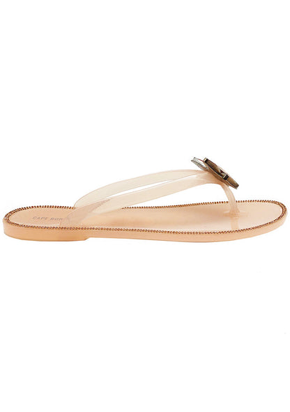 Close-up studio view of the Cape Robbin Blushing Butterfly jelly sandal, emphasizing the intricate rhinestone and jeweled butterfly embellishment on the strap.