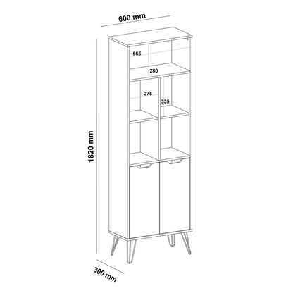 Bookcase Estocolmo 4436 2 Doors With 5 Niches  60*30*182Cm Oak/Graphite/White (Limited 3 Months Warranty)