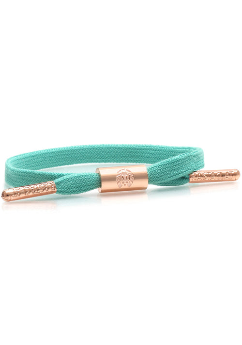 Rastaclat Brandy Women's Single Lace Bracelet in turquoise rose gold with single shoelace cord and rose gold hardware on festival bracelet — front view