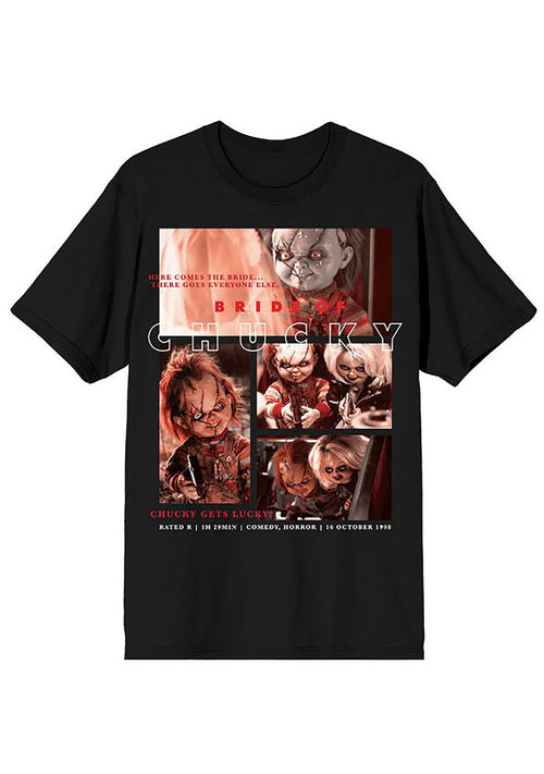 Bioworld Bride of Chucky Unisex Tee in black with Tiffany front graphic on horror fandom rave festival top — front view