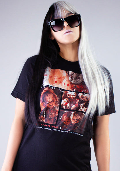 Bioworld Bride of Chucky Unisex Tee in black with Tiffany front graphic on horror fandom rave festival top — model view