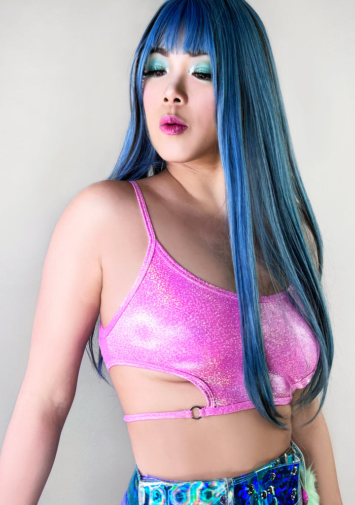 J Valentine Bubblegum Beats Cropped Top in pink with holographic base and scoop-in side details on festival top — front view