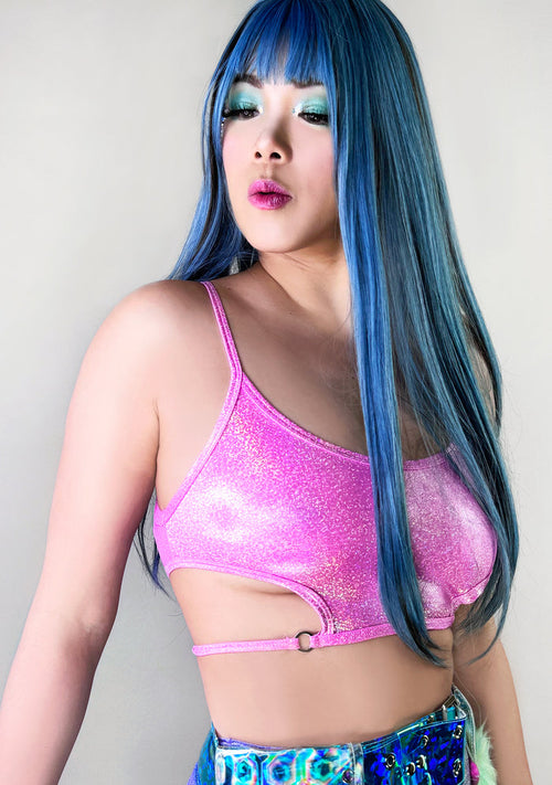 J Valentine Bubblegum Beats Cropped Top in pink with holographic base and scoop-in side details on festival top — front view