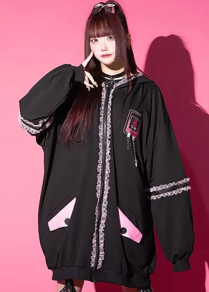 ACDC Rag Bunny Dolls Punky Bunny Black Pink Oversized Zip Hoodie — model view