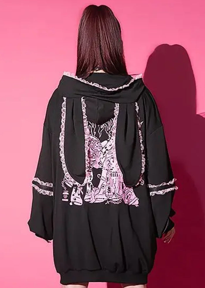 ACDC Rag Bunny Dolls Punky Bunny Black Pink Oversized Zip Hoodie — back view