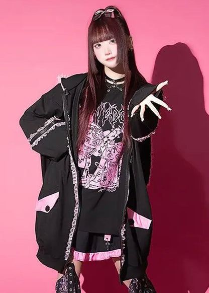 ACDC Rag Bunny Dolls Punky Bunny Black Pink Oversized Zip Hoodie — detail shot 3