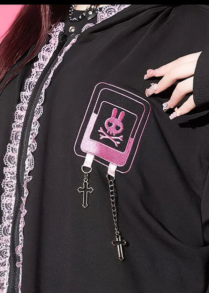 ACDC Rag Bunny Dolls Punky Bunny Black Pink Oversized Zip Hoodie — detail shot
