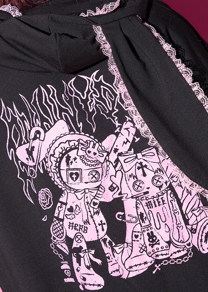 ACDC Rag Bunny Dolls Punky Bunny Black Pink Oversized Zip Hoodie — detail shot 2