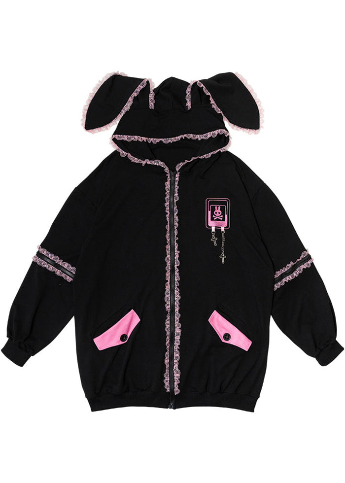 ACDC Rag Bunny Dolls Punky Bunny Black Pink Oversized Zip Hoodie — front view