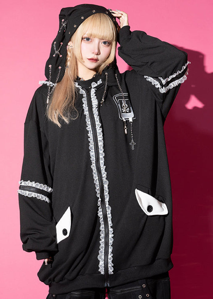 ACDC Rag Bunny Dolls Punky Bunny Black White Oversized Zip Hoodie — model view