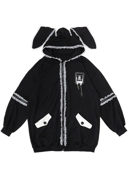ACDC Rag Bunny Dolls Punky Bunny Black White Oversized Zip Hoodie — front view