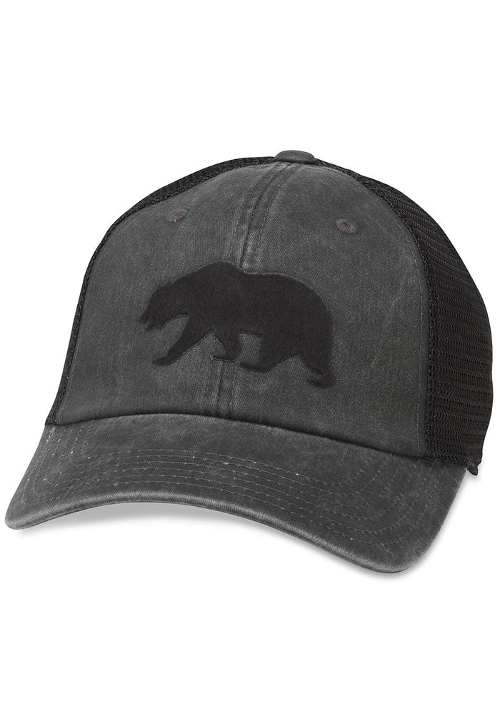 American Needle Cali Bear Raglan Bones Hat in black with velvet nubroidery California bear patch on pigment washed cotton twill festival baseball cap — front view