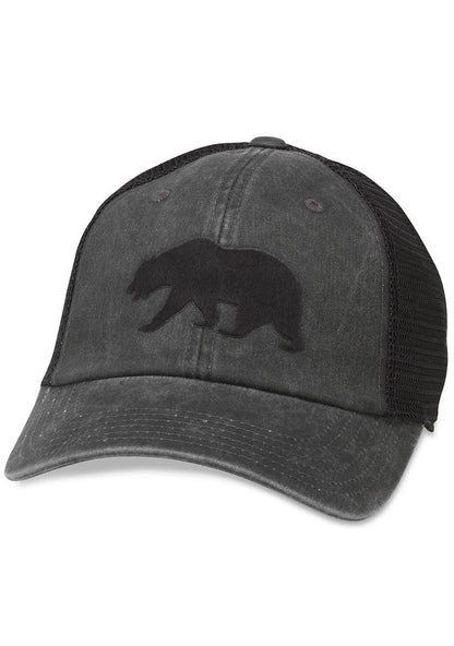 American Needle Cali Bear Raglan Bones Hat in black with velvet nubroidery California bear patch on pigment washed cotton twill festival baseball cap — front view