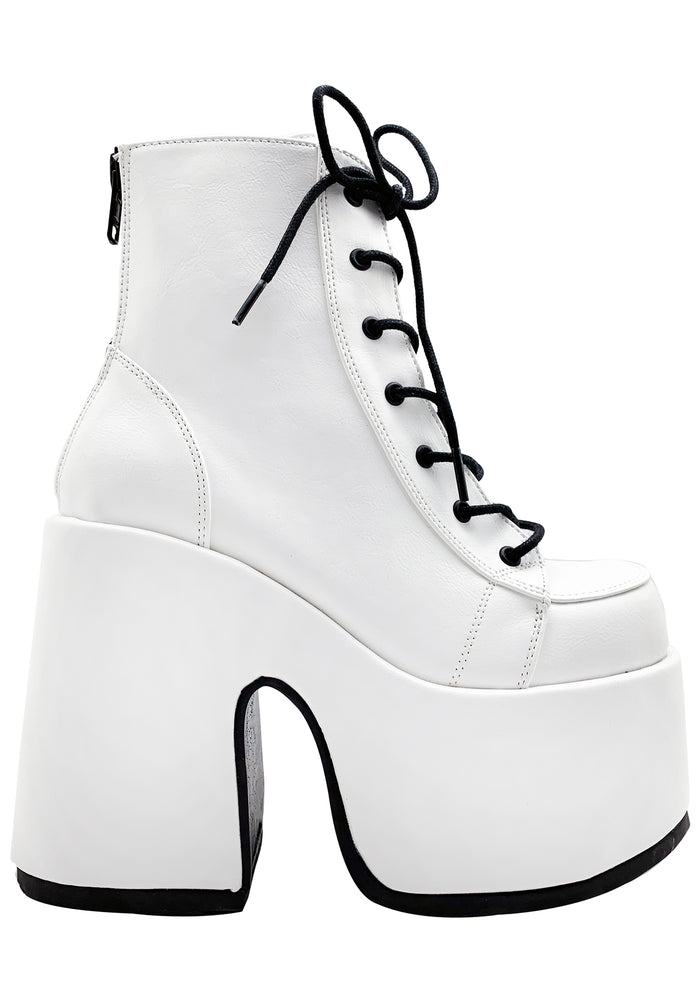 Demonia CAMEL 203 Deja Vu White Platform Boots in white vegan patent leather with chunky platform heel and black lace-up detail — front view