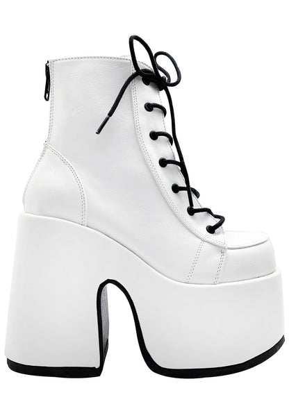 Demonia CAMEL 203 Deja Vu White Platform Boots in white vegan patent leather with chunky platform heel and black lace-up detail — front view