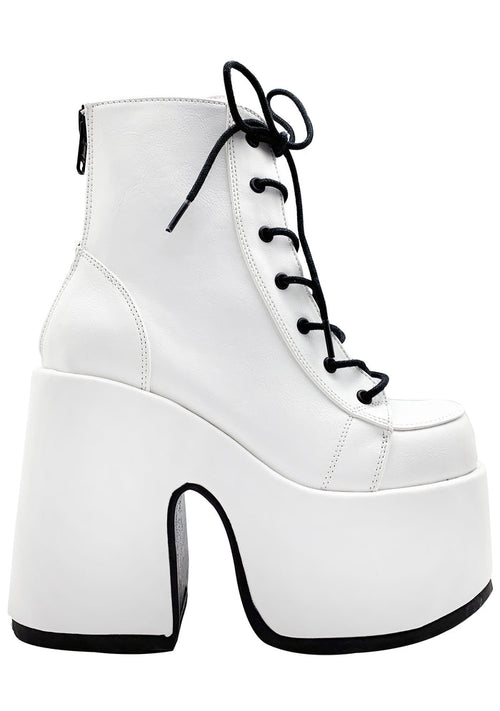 Demonia CAMEL 203 Deja Vu White Platform Boots in white vegan patent leather with chunky platform heel and black lace-up detail — front view