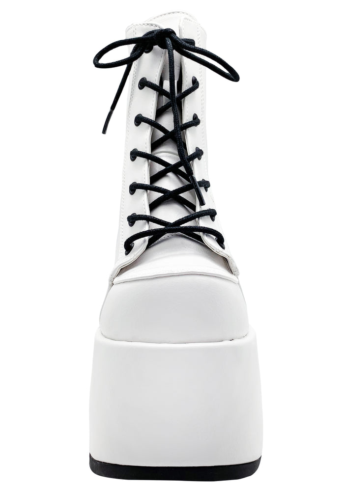 Demonia CAMEL 203 Deja Vu White Platform Boots in white vegan patent leather showing 3 inch chunky platform height and grip sole — side view