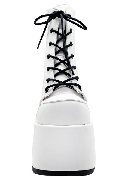 Demonia CAMEL 203 Deja Vu White Platform Boots in white vegan patent leather showing 3 inch chunky platform height and grip sole — side view