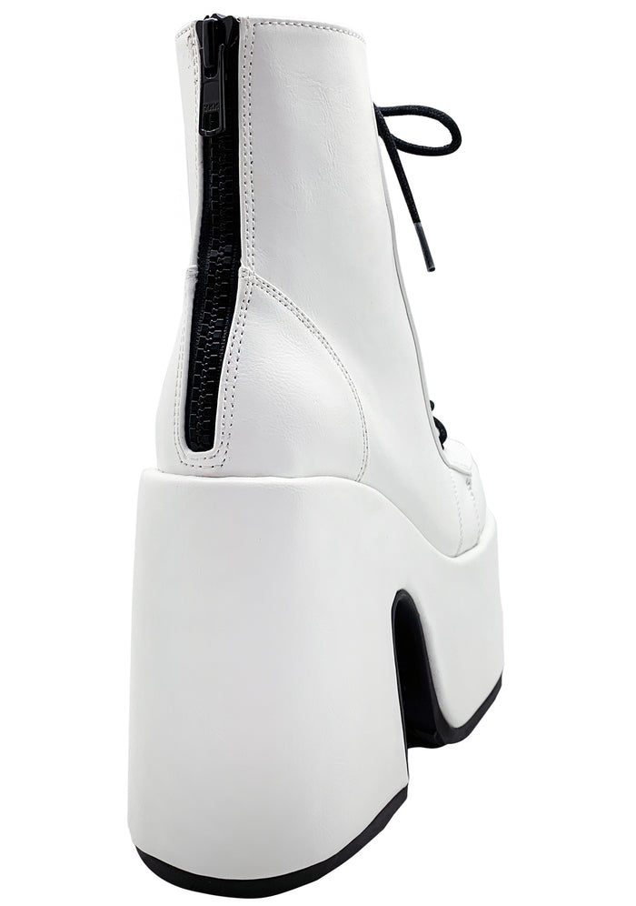 Demonia CAMEL 203 Deja Vu White Platform Boots in white vegan patent leather showing back metal zip closure and chunky heel detail — back view