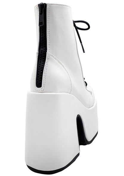 Demonia CAMEL 203 Deja Vu White Platform Boots in white vegan patent leather showing back metal zip closure and chunky heel detail — back view
