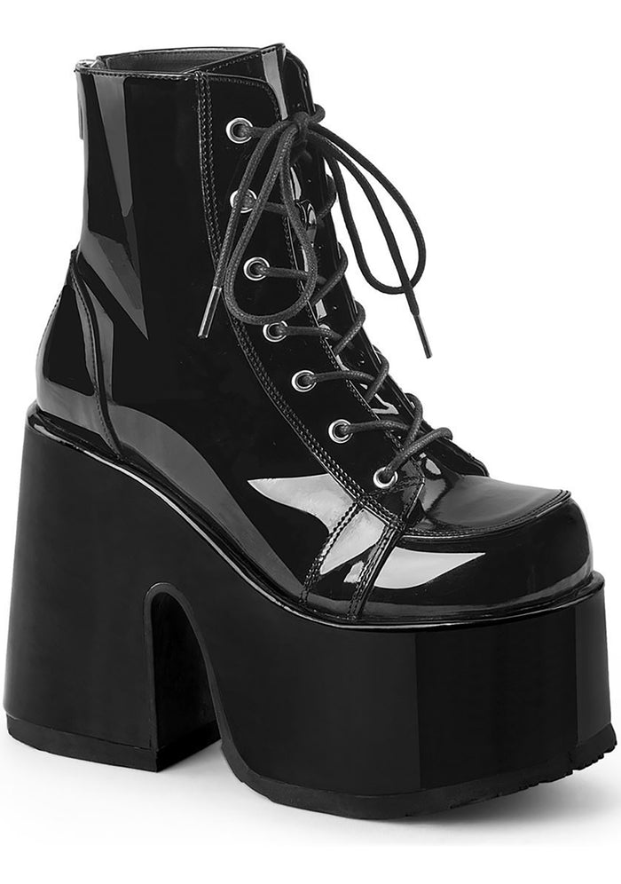 Demonia CAMEL 203 Raise Hell Patent Black Platform Boots in black patent vegan leather with 5 inch chunky heel and silver metal hardware — front view