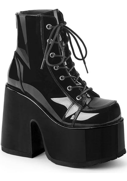 Demonia CAMEL 203 Raise Hell Patent Black Platform Boots in black patent vegan leather with 5 inch chunky heel and silver metal hardware — front view