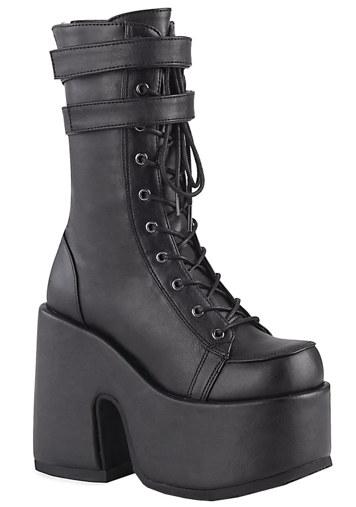 Demonia CAMEL 250 Night Dive Black Platform Boots in black vegan leather with 5 inch chunky heel and double hook loop straps — front view