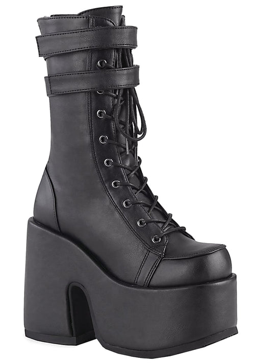 Demonia CAMEL 250 Night Dive Black Platform Boots in black vegan leather with 5 inch chunky heel and double hook loop straps — front view