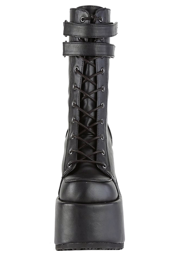 Demonia CAMEL 250 Night Dive Black Platform Boots in black vegan leather showing chunky platform height and traction sole — side view