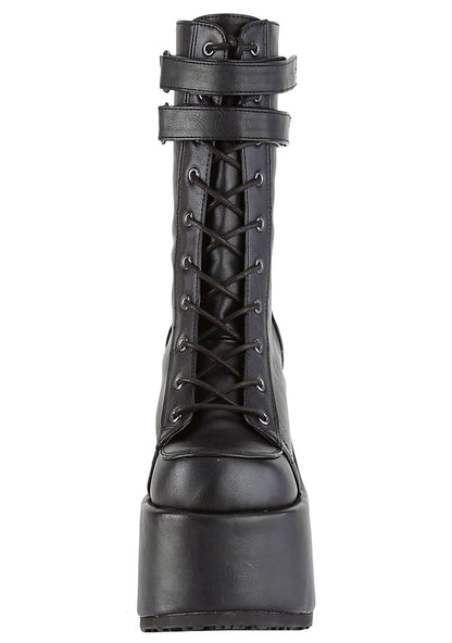 Demonia CAMEL 250 Night Dive Black Platform Boots in black vegan leather showing chunky platform height and traction sole — side view