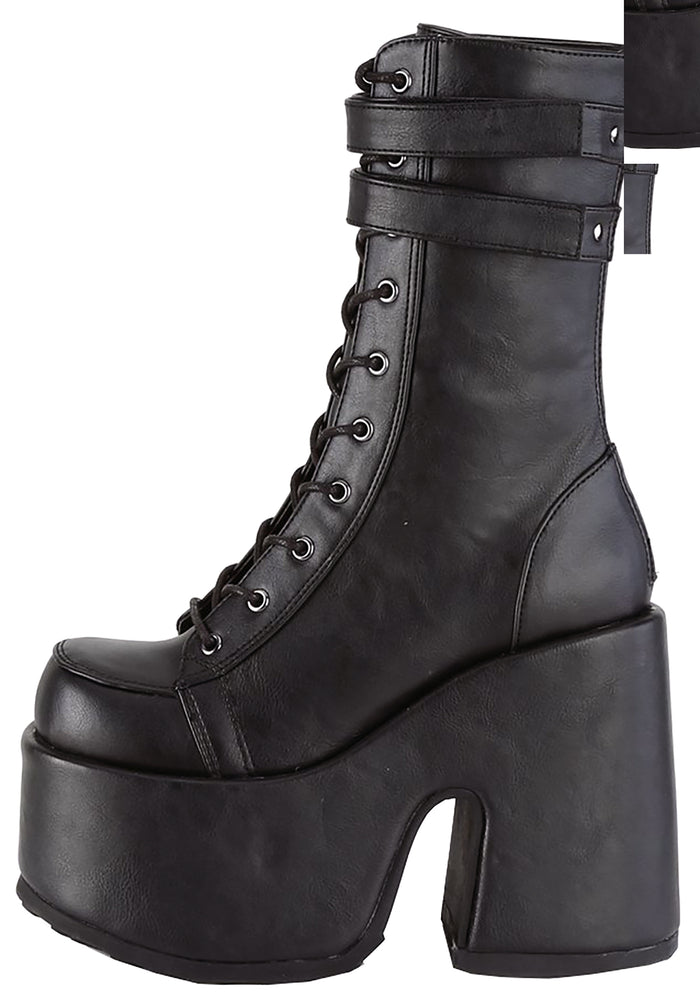 Demonia CAMEL 250 Night Dive Black Platform Boots in black vegan leather showing double hook loop strap and silver hardware detail — detail shot
