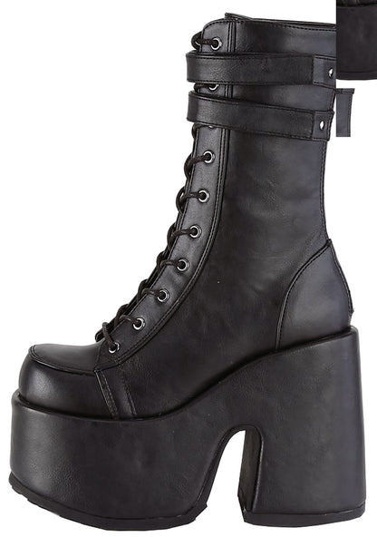 Demonia CAMEL 250 Night Dive Black Platform Boots in black vegan leather showing double hook loop strap and silver hardware detail — detail shot