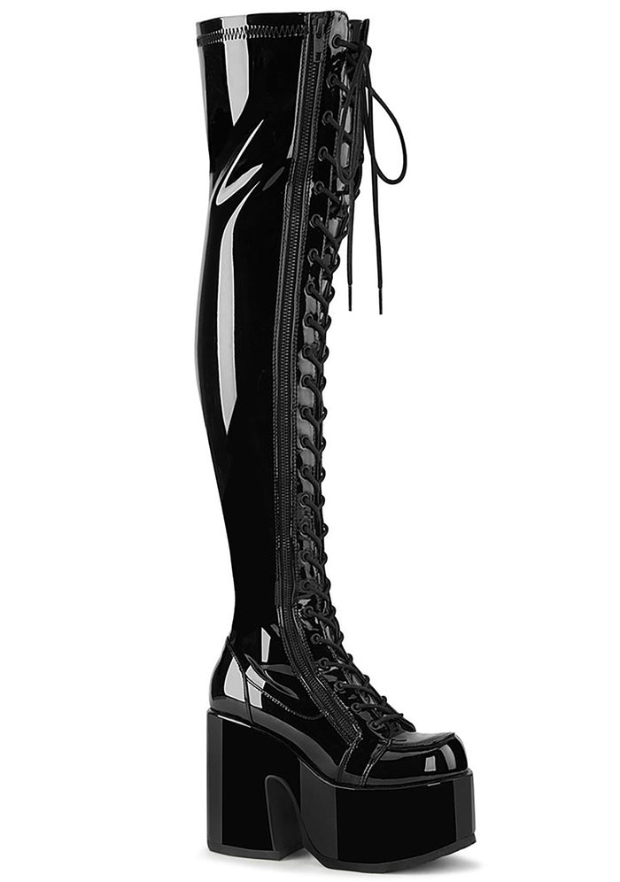 Demonia CAMEL 300 Mistress May I Patent Black Platform Boots in black patent leather thigh-high with lace-up front and 5 inch heel — front view