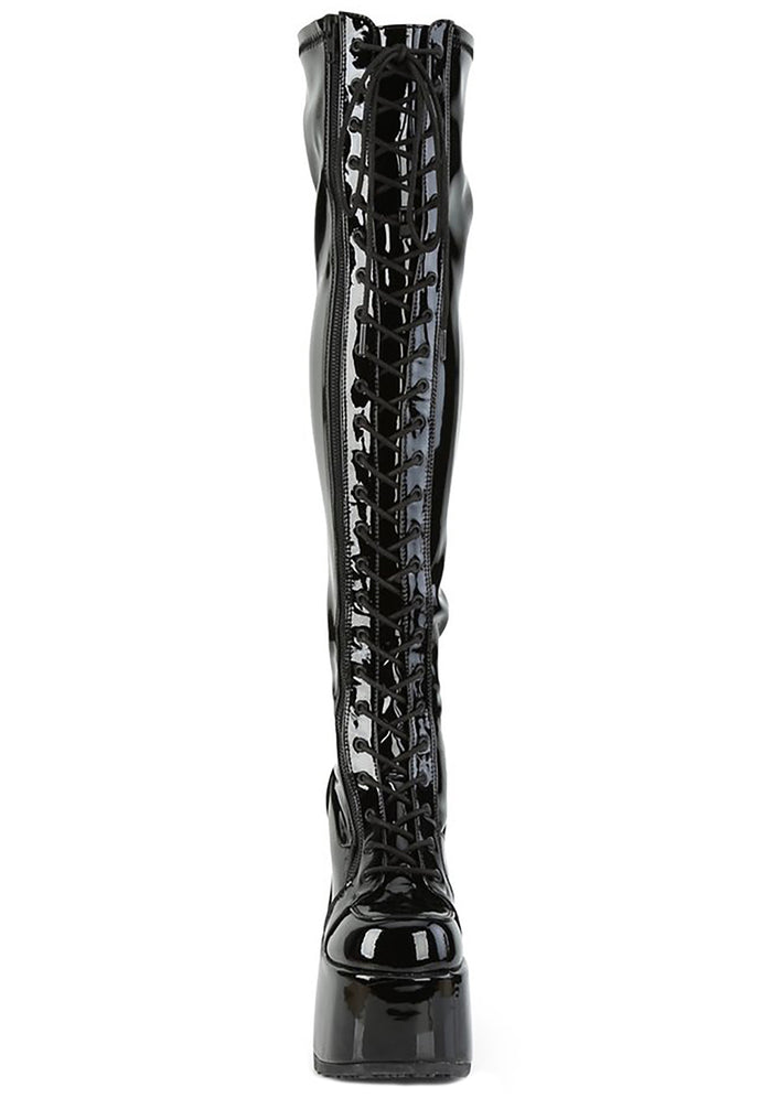 Demonia CAMEL 300 Mistress May I Patent Black Platform Boots in black patent leather showing full thigh-high height and 3 inch platform — side view