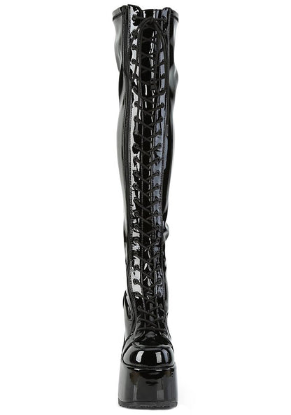 Demonia CAMEL 300 Mistress May I Patent Black Platform Boots in black patent leather showing full thigh-high height and 3 inch platform — side view