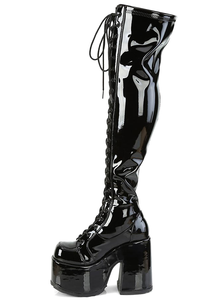Demonia CAMEL 300 Mistress May I Patent Black Platform Boots in black patent leather showing lace-up front detail and inside zip closure — detail shot
