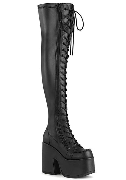 Demonia CAMEL 300 Rude Awakening Thigh-High Black Platform Boots in black vegan leather with lace-up front and 5 inch chunky heel — front view