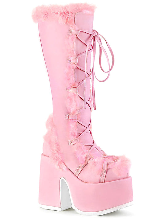 Demonia CAMEL 311 Mad About You Pink Platform Boots in pink vegan suede with hot pink faux fur lining and lace-up front — front view