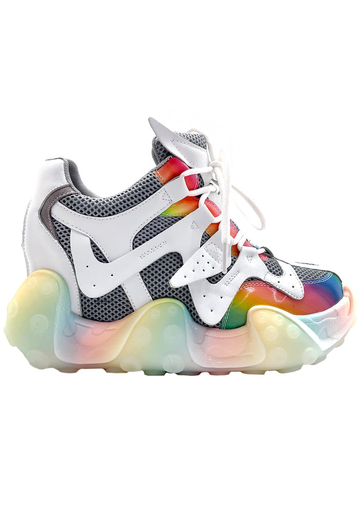 Anthony Wang CARAMBOLA 02 Super Circuit Platform Sneakers in gray mesh with rainbow lenticular panel accents and sculpted tentacle outsole — front view